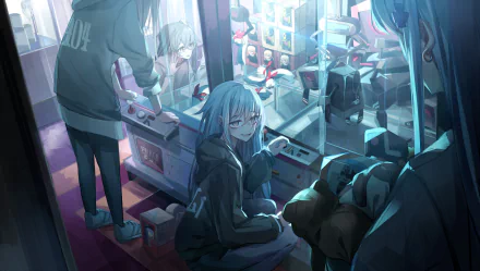 HD anime desktop wallpaper featuring a group of people with long hair gathered around arcade machines in a softly lit room.