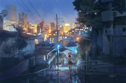 Anime night city 2K Quad HD PC desktop wallpaper: an anime girl walks down a wet street toward glowing city lights beneath powerlines and a dusky sky.