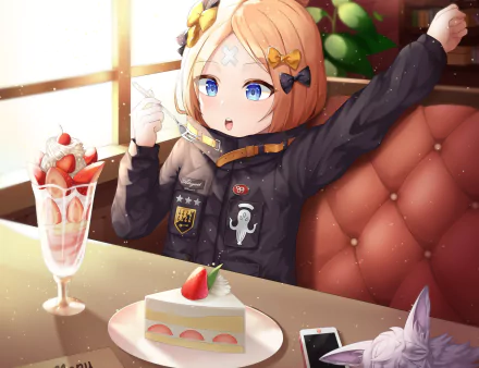 Abigail Williams (Foreigner, Fate/Grand Order) — anime, blue-eyed, enjoying cake and a parfait at a sunlit café; 2K Quad HD desktop wallpaper.