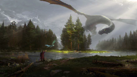 Fantasy HD wallpaper featuring a majestic dragon soaring above a lush forest with a river, while a cloaked figure observes in awe.