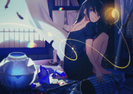 Anime girl with blue hair and blue eyes, barefoot and tearful, sits in a dimly lit room surrounded by scattered objects, captured in an HD PC desktop wallpaper.