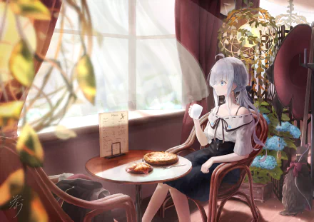 Elaina from Wandering Witch: The Journey of Elaina sits by a sunlit window in a cozy café, enjoying a drink with pastries on a table, depicted in 4K Ultra HD anime style.