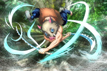 HD desktop wallpaper featuring Inosuke Hashibira from the anime Demon Slayer: Kimetsu no Yaiba, showcasing him dynamically wielding dual swords with a green, forested background.