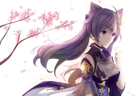 HD PC desktop wallpaper featuring Keqing from the video game Genshin Impact, with her signature purple hair and outfit against a soft background with cherry blossom branches.