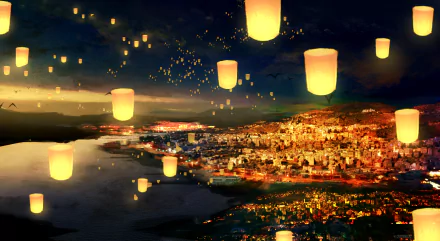 A fantasy night landscape with glowing lanterns floating over a vibrant city and sky, rendered as an HD PC desktop wallpaper and background.