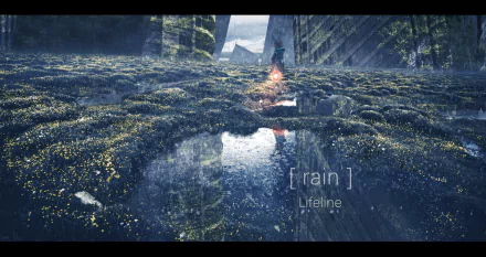 4K Ultra HD PC wallpaper featuring Amiya from the video game Arknights, standing in a lush, overgrown urban landscape with reflective water and dim lighting.