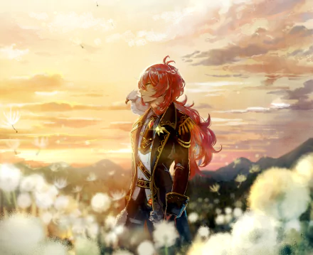 Diluc (Genshin Impact) gazes at a golden sunset in an HD PC desktop wallpaper/background — red-haired noble in an ornate coat from the video game Genshin Impact.