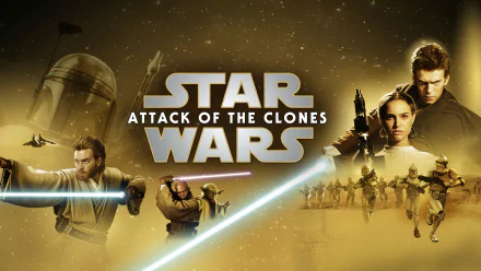 4K Ultra HD desktop wallpaper featuring key characters and clone troopers from Star Wars Episode II: Attack of the Clones with the iconic Star Wars logo.