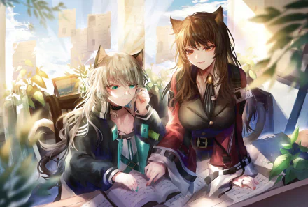 4K Ultra HD PC desktop wallpaper of Skyfire and Mint (Arknights): two cat-eared characters by a sunlit window, sharing a book—vibrant video game artwork and cozy background.