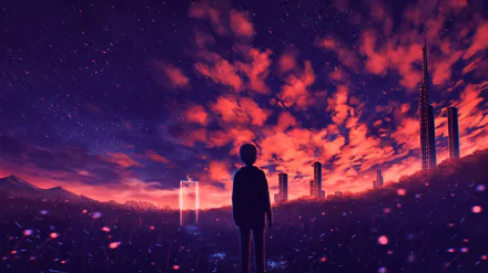 Anime-style sunset sky with vibrant clouds over a futuristic cityscape, featuring a silhouetted figure against a glowing horizon in this HD PC desktop wallpaper.