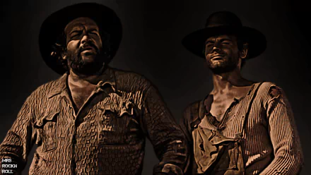 4K Ultra HD desktop wallpaper: two rugged Western outlaws in dramatic sepia, one broad and burly, one lean, evoking the film Trinity Is Still My Name.