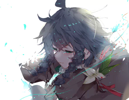 A serene depiction of the Nameless Bard from Genshin Impact, featuring a colorful splash of elements and an ethereal background, designed as a high-definition PC desktop wallpaper.