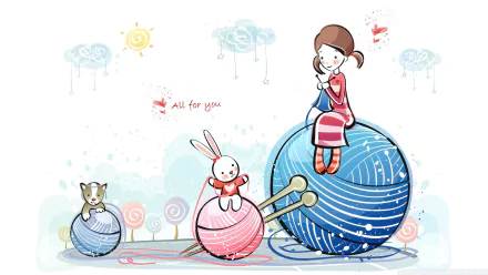 HD PC desktop wallpaper titled Childhood Dream: artistic pastel scene of a girl, a bunny and a cat sitting on oversized yarn balls beneath whimsical clouds.