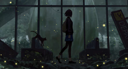 A serene anime girl stands in a dimly lit space, surrounded by glowing fireflies. A black cat playfully explores nearby, creating a magical night ambiance in this HD wallpaper.