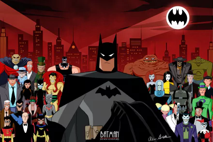 HD PC desktop wallpaper and background of The New Batman Adventures: Batman in foreground with Gotham skyline and Bat-symbol, surrounded by heroes and villains from the TV show.