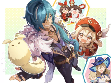 4K Ultra HD Genshin Impact wallpaper featuring characters Kaeya, Lisa, Amber, and Klee in vibrant, detailed anime-style artwork for PC desktop background.