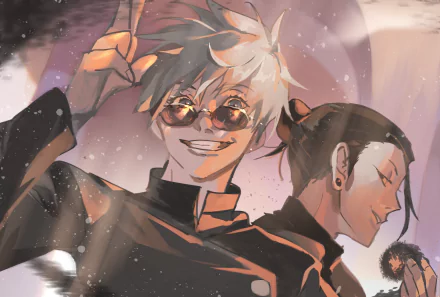 HD PC wallpaper featuring Satoru Gojo and Suguru Geto from the anime Jujutsu Kaisen, showcasing dynamic poses and vibrant character art.