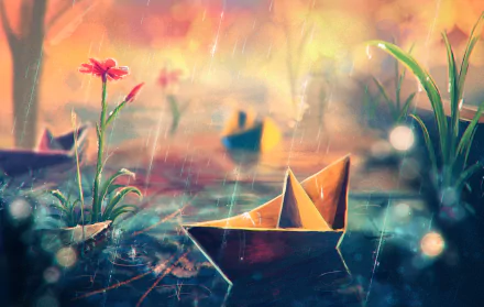 Anime-inspired HD wallpaper of a serene rainy scene featuring delicate flowers and a paper boat floating in water.