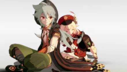 HD desktop wallpaper featuring Razor and Klee from the video game Genshin Impact, with Razor seated in the foreground and Klee leaning on them with a joyful expression.