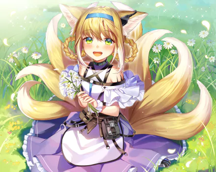 Bright HD PC desktop wallpaper of Suzuran from the Arknights video game — blonde, animal-eared girl with green eyes and blush, smiling in a flower-filled meadow, holding white blossoms.