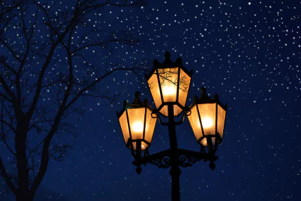5K Ultra HD PC desktop wallpaper: glowing man-made lamp post under a starry, snowy night with gentle snowfall and bare tree branches.
