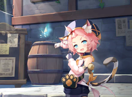 HD desktop wallpaper featuring Diona from the video game Genshin Impact. The background shows a quaint setting with a wooden barrel and ambient soft light.
