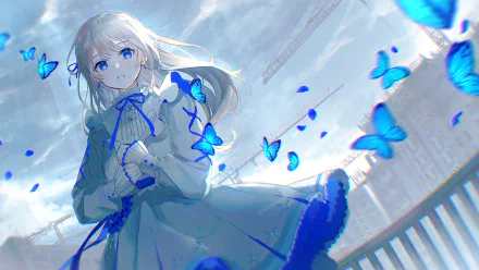 Anime girl with long white hair and blue eyes in a flowing dress, surrounded by glowing blue butterflies, HD PC desktop wallpaper background.