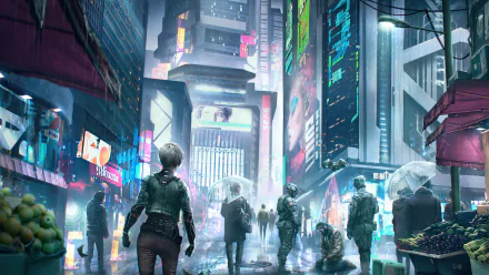 Sci-Fi cyberpunk 2K Quad HD PC wallpaper background: neon rain-soaked megacity, towering holographic ads, pedestrians under clear umbrellas, lone jacketed figure facing a glowing skyline.