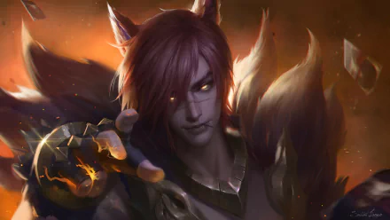 HD desktop wallpaper featuring Sett from League of Legends, showcasing his fierce expression and dynamic pose in a dark, fiery background.