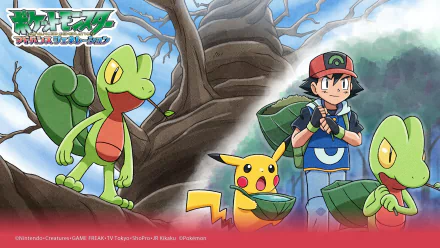 HD anime desktop wallpaper: Ash Ketchum in his cap with Pikachu and two Treecko posing before a massive tree, colorful Pokémon scene.