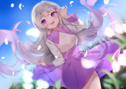 Anime girl with long white hair, purple eyes, and a purple skirt smiling against a bright blue sky in this HD PC desktop wallpaper.