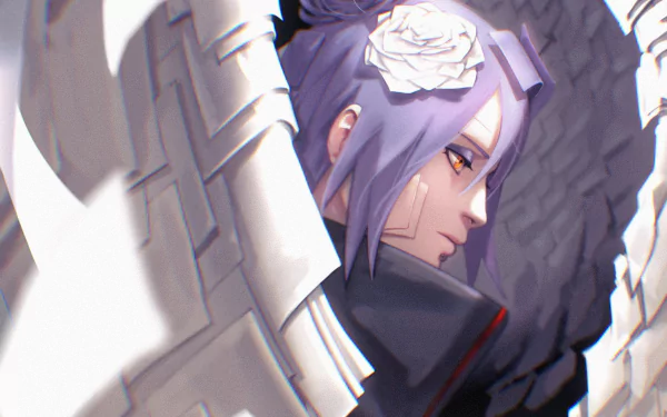HD anime desktop wallpaper featuring Konan from Naruto, showcasing her with purple hair, an origami paper wing, and a white flower in her hair.
