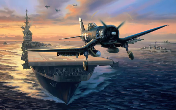 HD desktop wallpaper depicting a Vought F4U Corsair warplane flying over a military aircraft carrier amid a sunset sky.