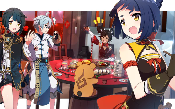 HD desktop wallpaper featuring Guoba, Xingqiu, Xiangling, and Chongyun from Genshin Impact celebrating with food and festive decor.