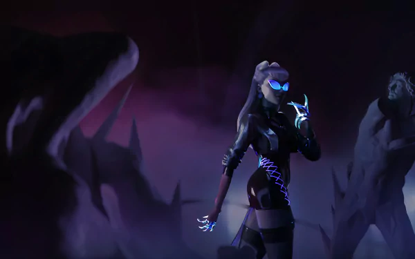 Evelynn from K/DA in League of Legends stands confidently in a dark, misty landscape, styled in sleek K-pop-inspired attire in this 4K Ultra HD video game wallpaper.