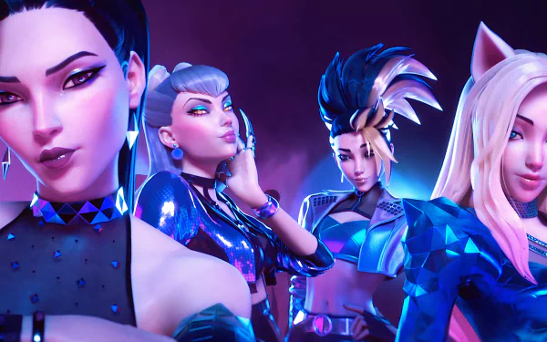 K/DA featuring Ahri, Akali, Evelynn, and Kai'Sa from League of Legends in vibrant K-pop style with animal ears, showcased in a 4K Ultra HD PC desktop wallpaper.