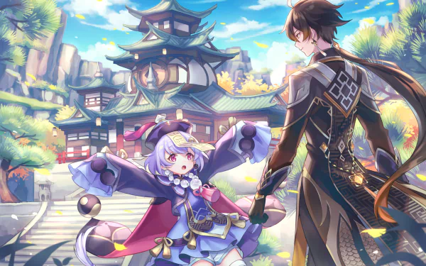 HD desktop wallpaper featuring Qiqi and Zhongli from the video game Genshin Impact. The characters stand in front of a beautifully detailed pagoda with lush greenery and a bright blue sky in the background.