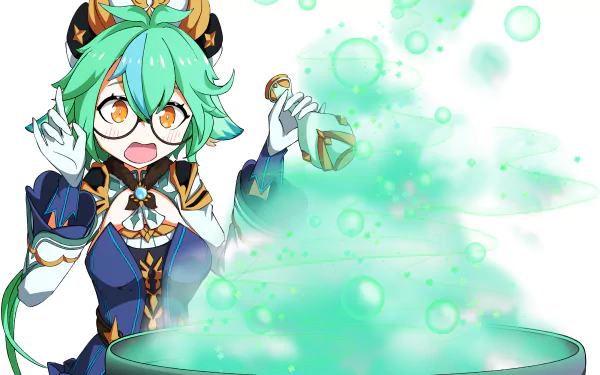 HD PC desktop wallpaper featuring Sucrose from Genshin Impact with short green hair and yellow eyes, casting a magical green potion spell.