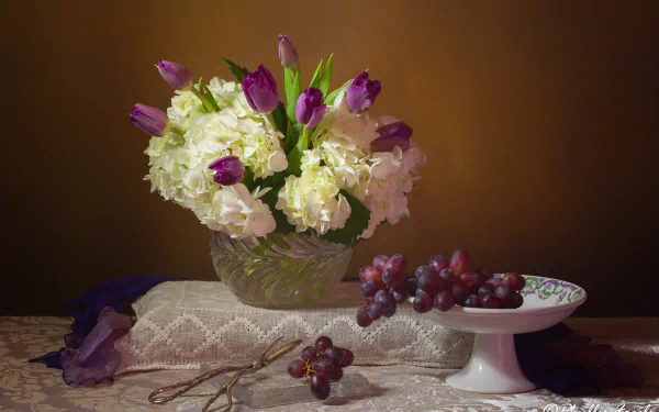 scissors hydrangea tulip bouquet flower grapes food still life HD Desktop Wallpaper | Background Image