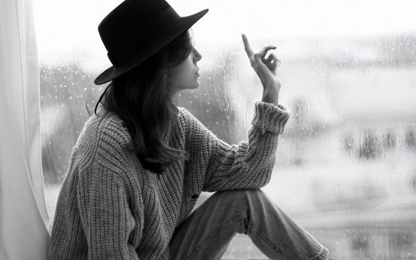 Women Mood Rain Window Black & White Sweater HD Wallpaper | Background Image