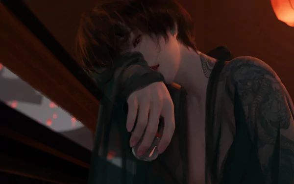 HD PC desktop wallpaper featuring a dark, comic-style scene from GhostBlade, showing a moody character holding a drink in low, warm lighting.