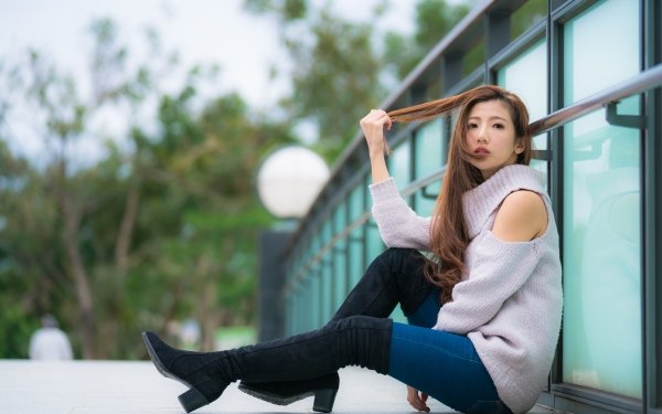 Women Asian Model Brunette Long Hair Depth Of Field Boots HD Wallpaper | Background Image