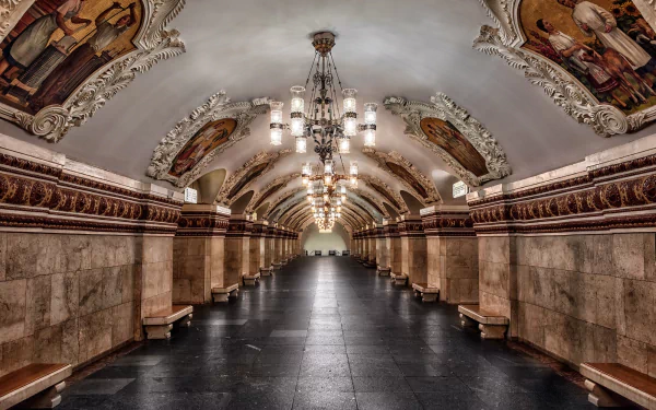 Ornate man-made Moscow underground subway station in Russia: vaulted tunnel lined with chandeliers, murals and marble columns, benches along the platform — HD desktop wallpaper/background.