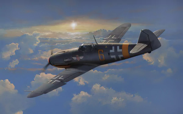 HD desktop wallpaper of a military Messerschmitt Bf 109 warplane soaring above clouds during sunset, showcasing the aircraft’s detailed design and markings.
