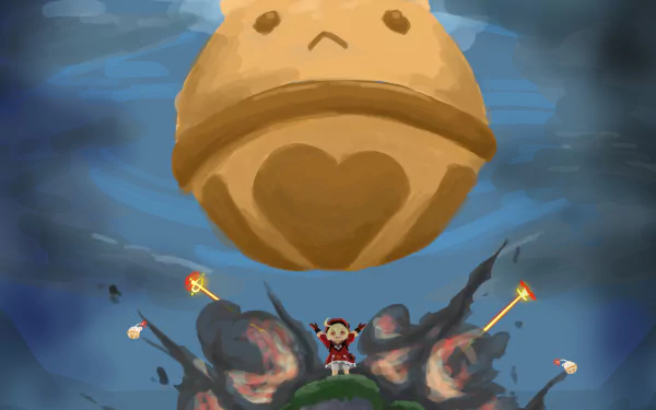 HD PC desktop wallpaper featuring Klee from Genshin Impact with a large golden bell and explosive effects in the background from the video game.