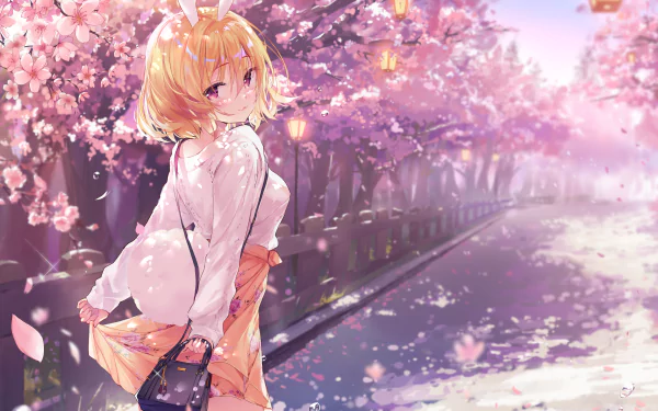 Anime girl with blonde hair, bunny ears, and purple eyes stands under blooming cherry blossoms in spring, wearing a skirt and holding a bag on a sunny pathway.