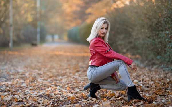 blonde jacket jeans fall woman mood HD Desktop Wallpaper | Background Image