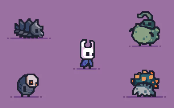 Pixel art characters from the video game Hollow Knight are displayed on a purple background in this HD PC desktop wallpaper.