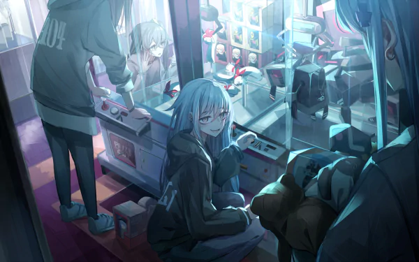 HD anime desktop wallpaper featuring a group of people with long hair gathered around arcade machines in a softly lit room.