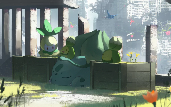 HD PC desktop wallpaper featuring Pokémon Petilil, Latios, Latias, Hoppip, Bulbasaur, and Budew in a serene, urban garden setting from the video game series.